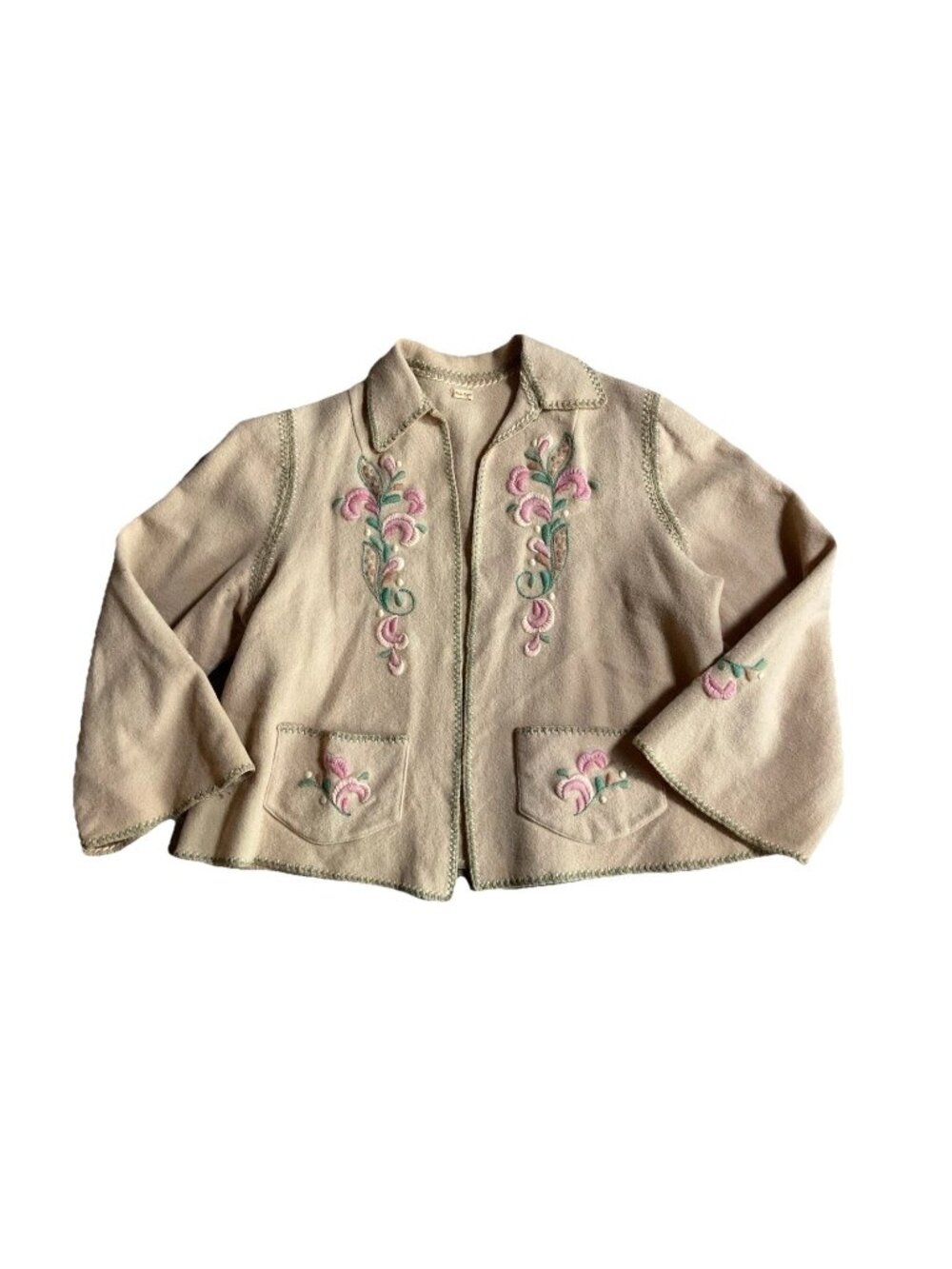 Vintage Embroided On A Handmade Collared Open Coat Check Measurements Tan Sz Xs